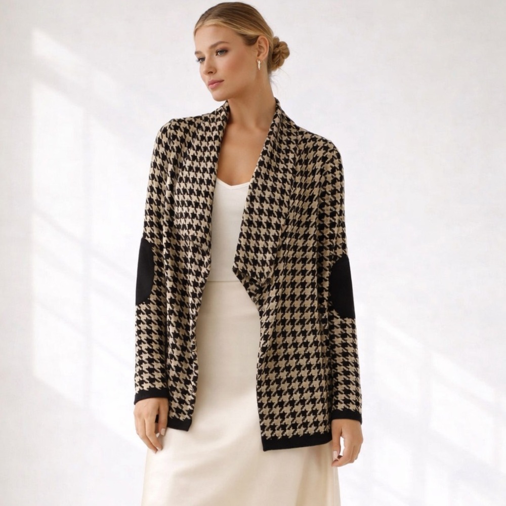 Anthropologie Houndstooth Cardigan Career Preppy Minimalist Lagenlook Sweater, S